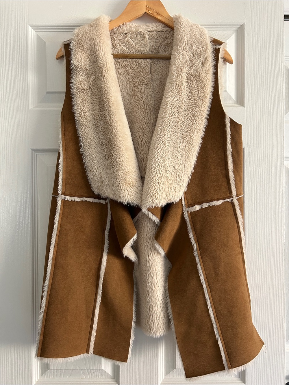 Cozy Faux Shearling Brown Vest with Cream Trim - Women